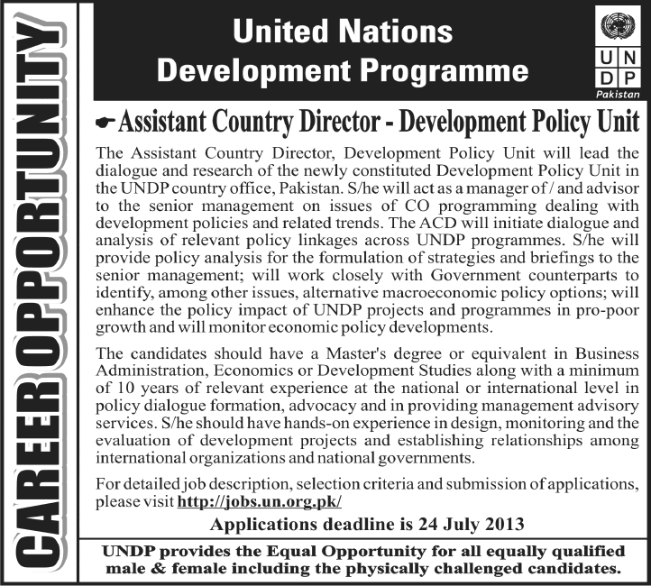 UNDP Jobs in Pakistan 2013 July Islamabad for Assistant Country Director - Development Policy Unit