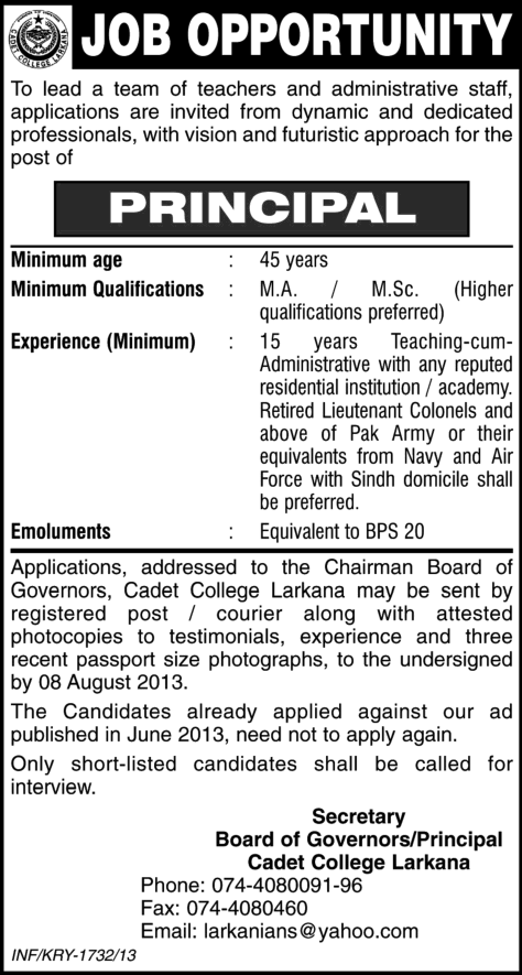 Cadet College Larkana Jobs 2013 August for Principal