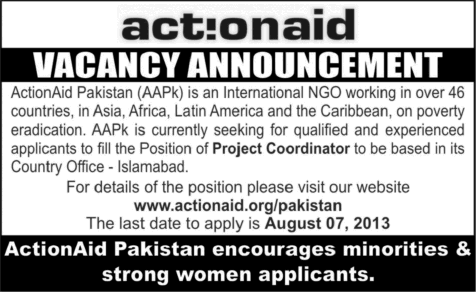 ActionAid Pakistan Jobs 2013 August Project Coordinator in Islamabad Latest