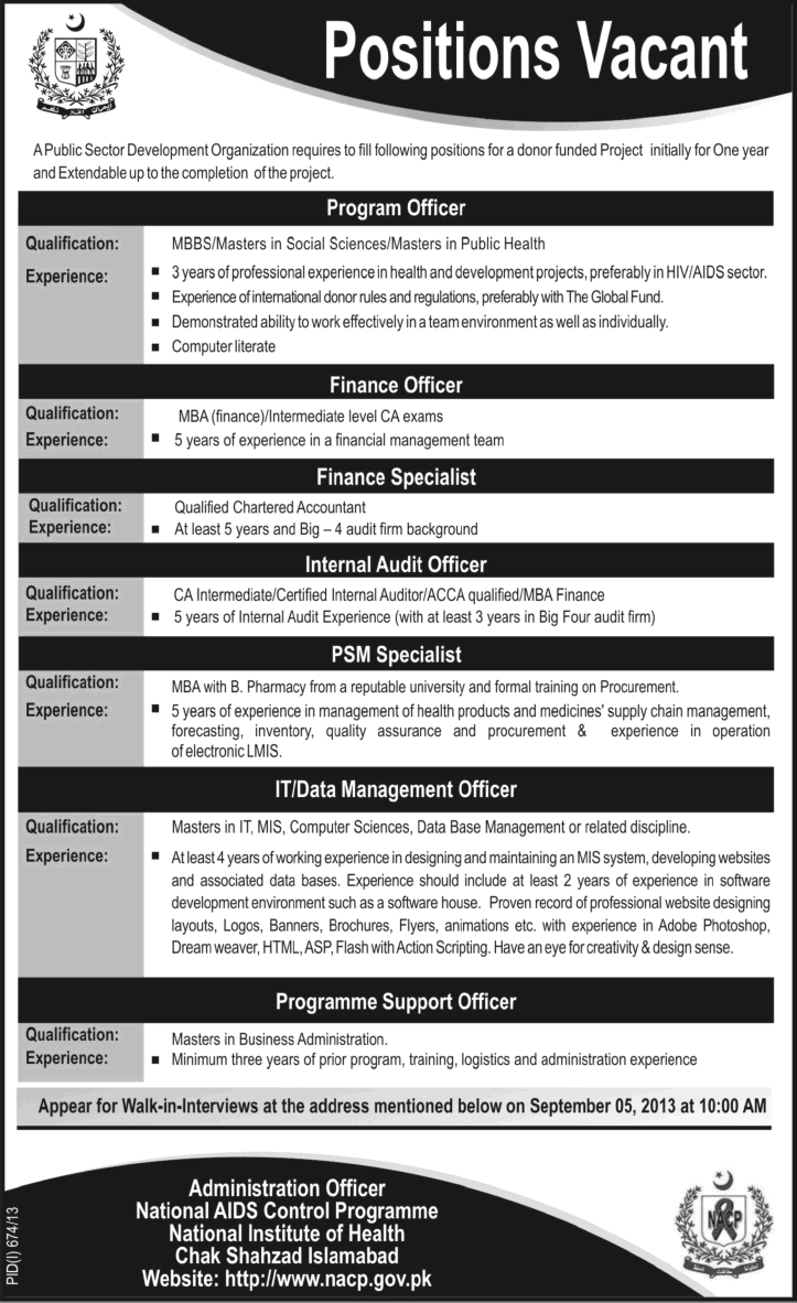 Jobs in National AIDS Control Programme Pakistan 2013 August Program / Finance / Internal Audit / PSM / IT Officers