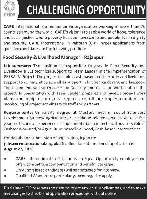 Care International Pakistan Jobs 2013 August for Food Security & Livelihood Manager in Rajanpur