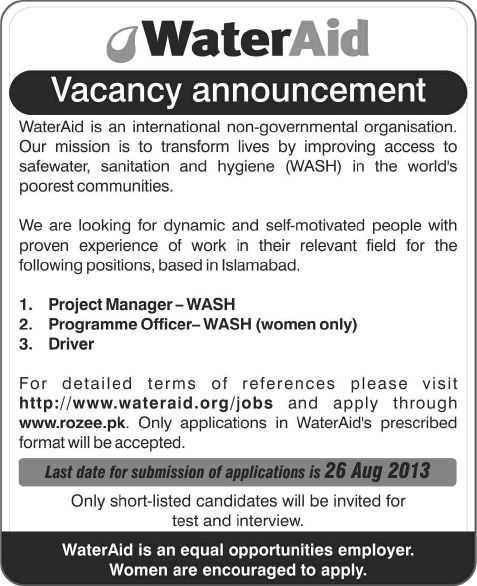 WaterAid Pakistan Jobs 2013 August in Islamabad for Project Manager, Program Officer & Driver
