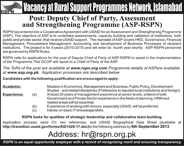 Rural Support Programmes Network Pakistan Islamabad Jobs 2013 August for Deputy Chief of Party ASP-RSPN