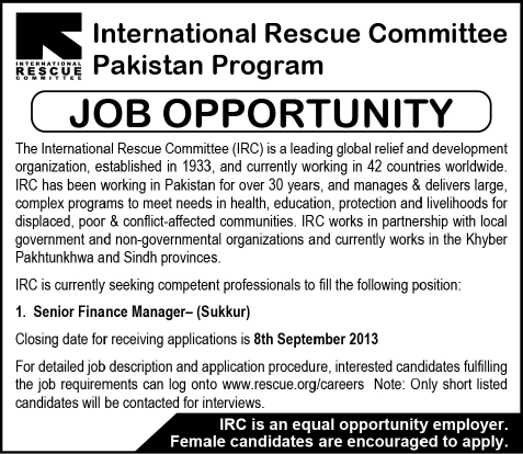 International Rescue Committee (IRC) Jobs in Sukkur 2013 September for Senior Finance Manager