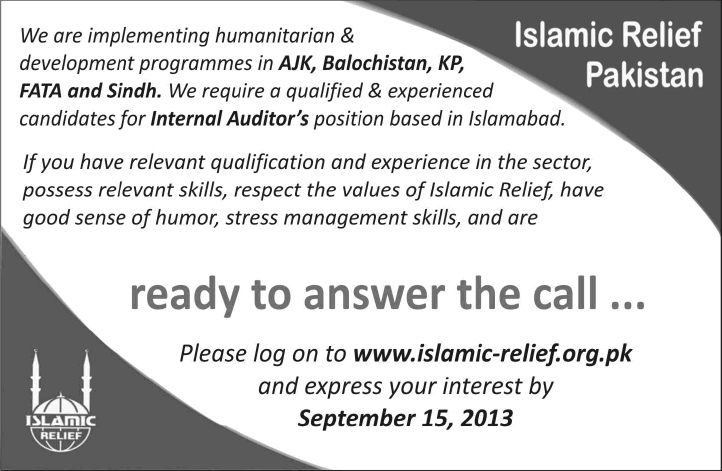 Internal Auditor Jobs in Islamabad 2013 September Latest at Islamic Relief Pakistan (IRP)