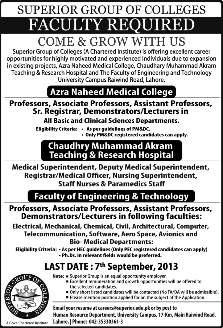 Superior University Jobs 2013 September Lahore Faculty at Superior Group of Colleges