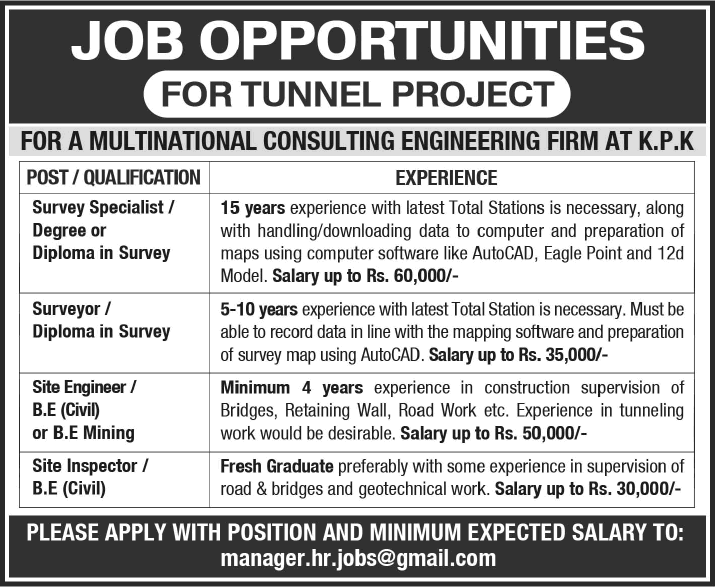 Survey Specialist, Surveyor and Civil Engineer Jobs in Khyber Pakhtunkhwa 2013 September for an Engineering Firm
