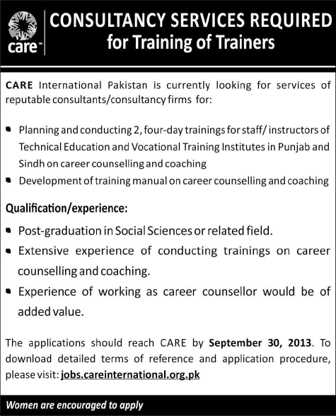 Care International Pakistan Jobs 2013 September for Consultant for Training of Trainers