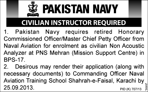 Pakistan Navy Jobs 2013 September for Civilian Instructor as Non Acoustic Analyzer at PNS Mehran