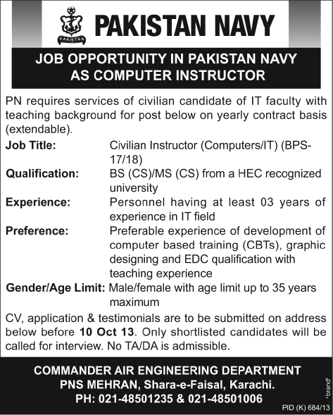 Pakistan Navy Jobs 2013 September for Computer Instructor