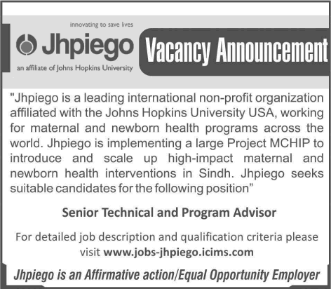 Jhpiego Pakistan Jobs 2013 September for Senior Technical & Program Advisor