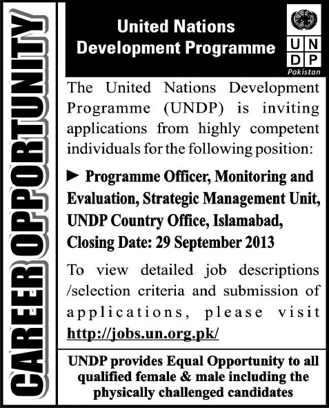 United Nation Development Programme (UNDP) Pakistan Jobs 2013 September for Programme Officer M&E