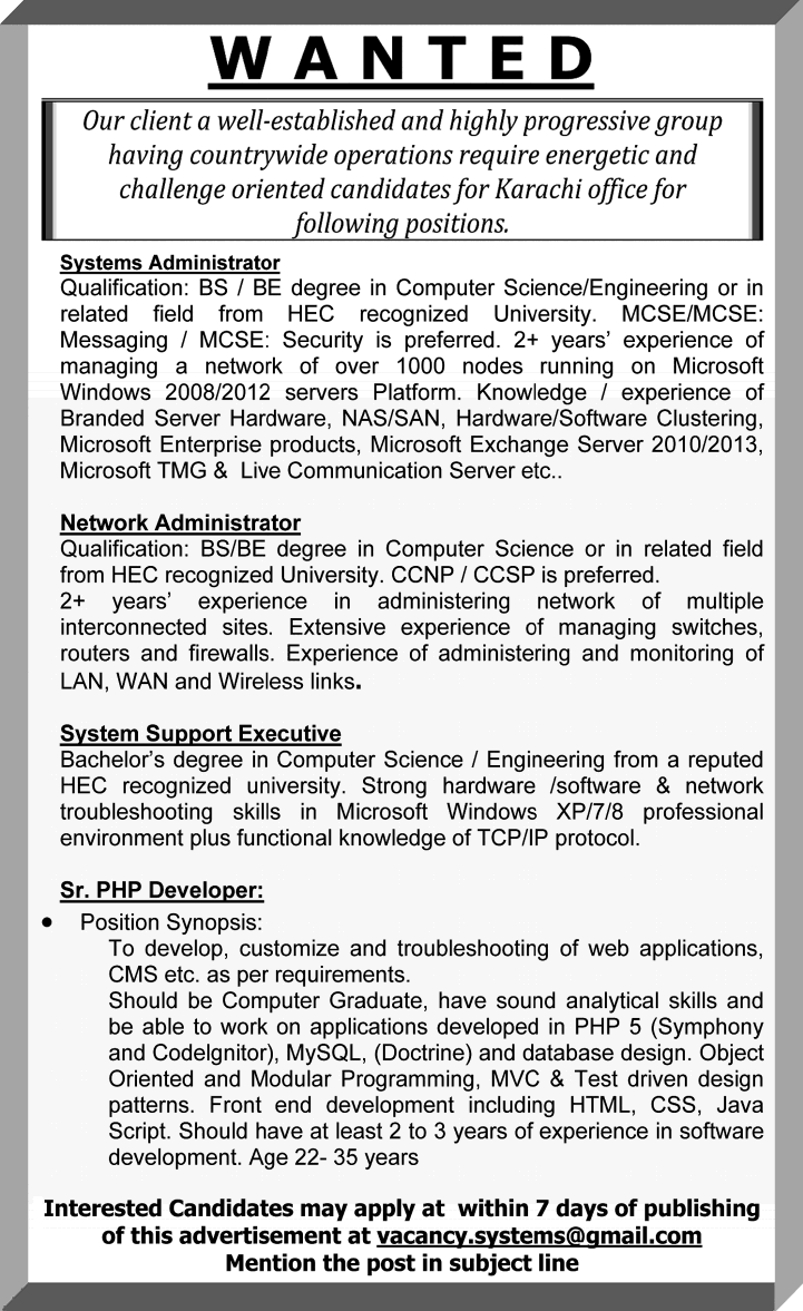 System / Network Administrator, System Support Executive & Senior PHP Developer Jobs in Karachi 2013 September