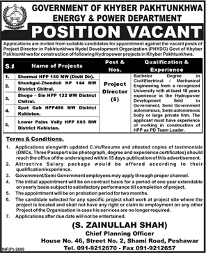 Energy & Power Department Khyber Pakhtunkhwa Jobs 2013 for Project Directors