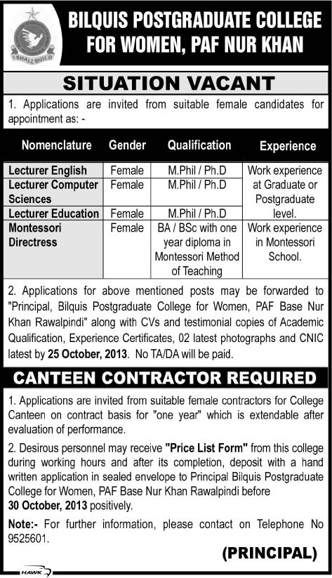 Bilquis Postgraduate College for Women Rawalpindi Jobs 2013 October Lecturers & Montessori Directress