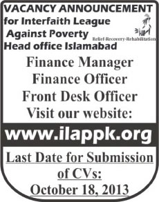 Interfaith League Against Poverty (I-LAP) NGO Pakistan Jobs 2013 Finance Manager / Officer & Front Desk Officer