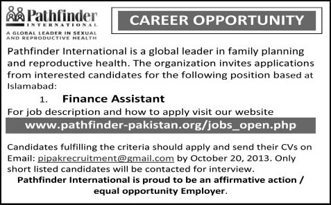 Finance Assistant Jobs in Islamabad 2013 Latest at Pathfinder International Pakistan