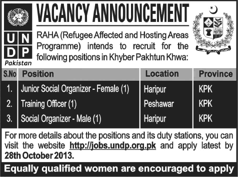 UNDP RAHA Jobs 2013 October in Peshawar & Haripur for Training Officer & Social Organizers