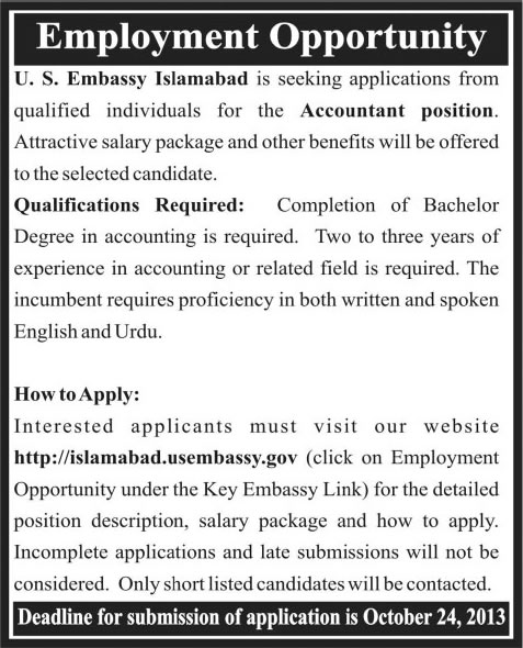 US Embassy Islamabad Jobs 2013 October for Accountant