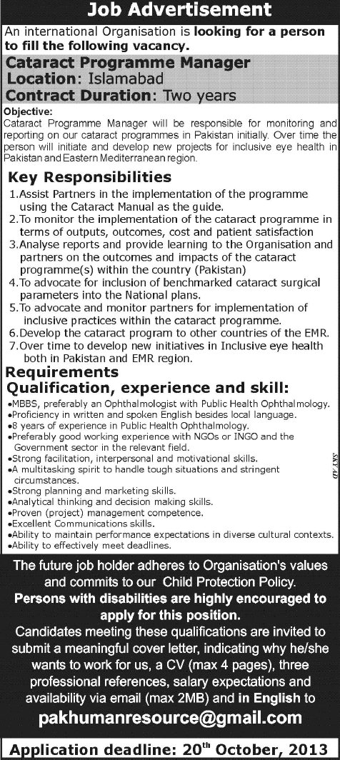 Cataract Programme Manager Job in Islamabad 2013 for MBBS Ophthalmologist