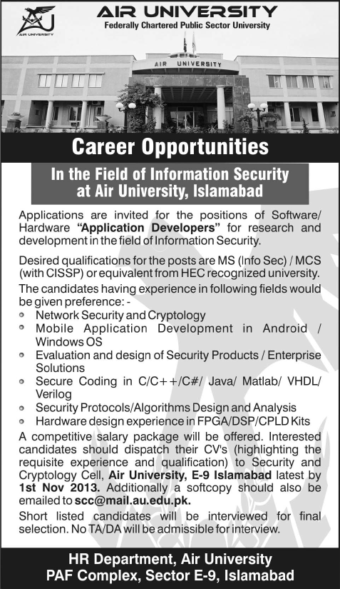 Air University Islamabad Jobs 2013 October for Information Security Application Developers