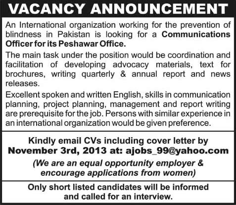 Communications Officer Jobs in Pakistan 2013 October Peshawar KPK