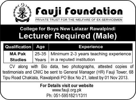 Pakistan Studies Teaching Jobs in Rawalpindi 2013 Lecturer at Fauji Foundation College for Boys New Lalazar