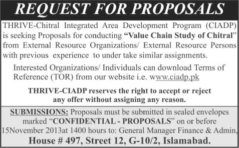 THRIVE Chitral Integrated Area Development Program (CIADP) Jobs 2013 Consultant for Value Chain Study