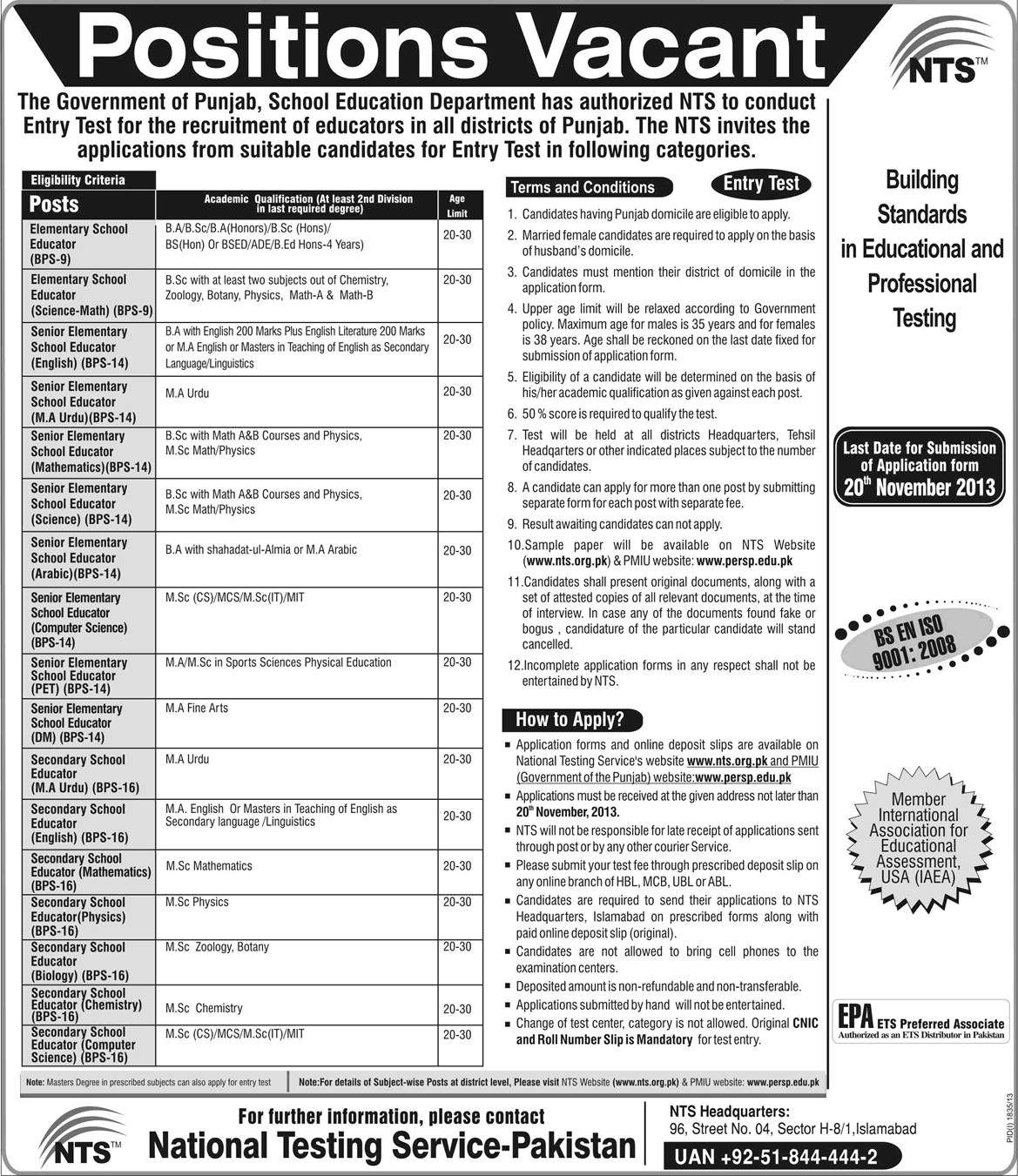 Punjab School Education Department Jobs 2013 November Educators / Teachers Latest