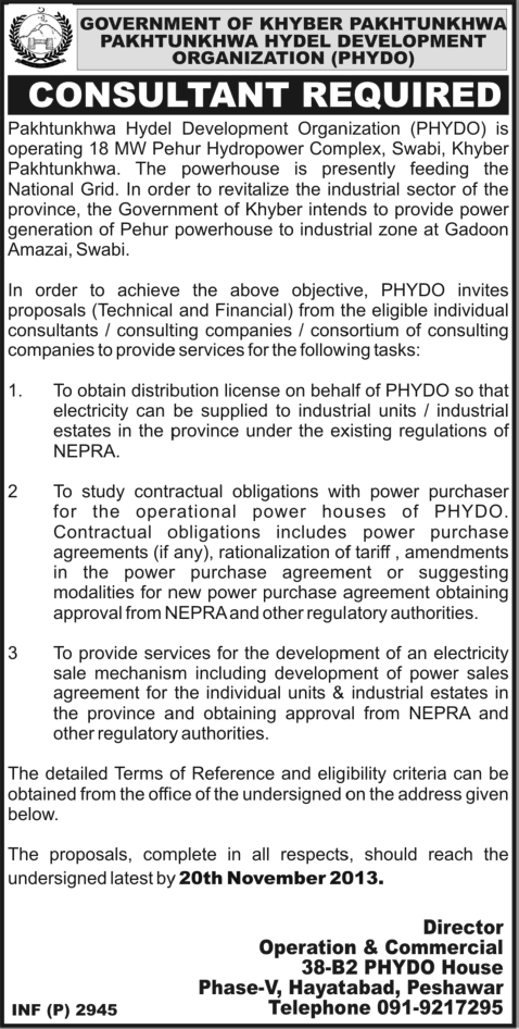 PHYDO Jobs 2013 November for Consultant at Pakhtunkhwa Hydel Development Organization