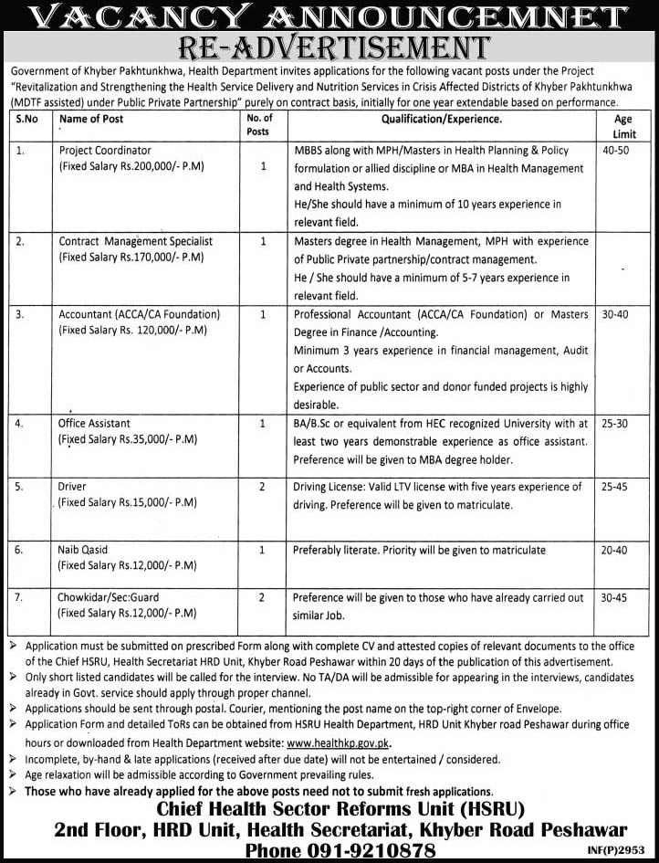 Health Department KPK Jobs 2013-November-06 Application Form Download for Health Sector Reforms Unit (HSRU) Project