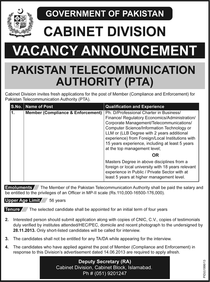 Member Compliance & Enforcement Job in Pakistan Telecommunication Authority (PTA) 2013 November