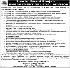 Legal Advisor Jobs in Lahore 2013 November Latest at Punjab Sports Board