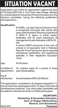 Principal Jobs at Fazle Haq College Mardan KPK 2013 November