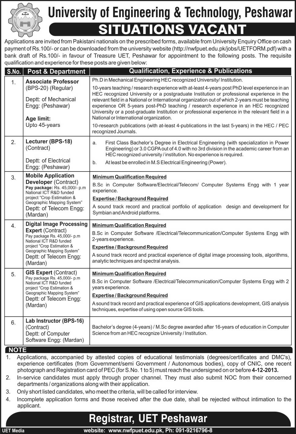 UET Peshawar Jobs 2013 November for Associate Professors / Lecturer & Other Positions