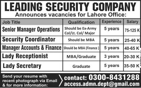 Manager Accounts & Operations, Receptionist, Secretary & Coordinator Jobs in Lahore 2013 November at a Security Company