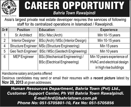 Bahria Town Rawalpindi Jobs 2013 November Architects, Interior Designers & Structure / Geo Tech / MEP Engineers