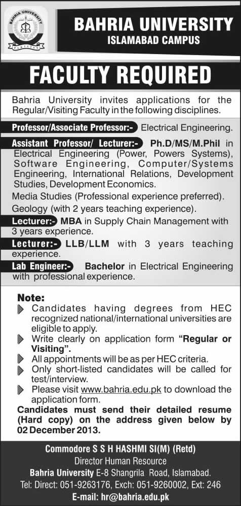 Bahria University Islamabad Jobs 2013 November for Faculty (Lecturers / Professors / Lab Engineer)