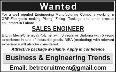 Sales Engineer Jobs in Lahore 2013 November Mechanical / Chemical / Polymer Engineer at Business & Engineering Trends