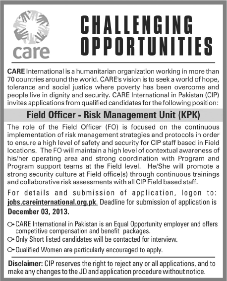 CARE International Jobs in Pakistan 2013 November for Field Officer Risk Management Unit KPK
