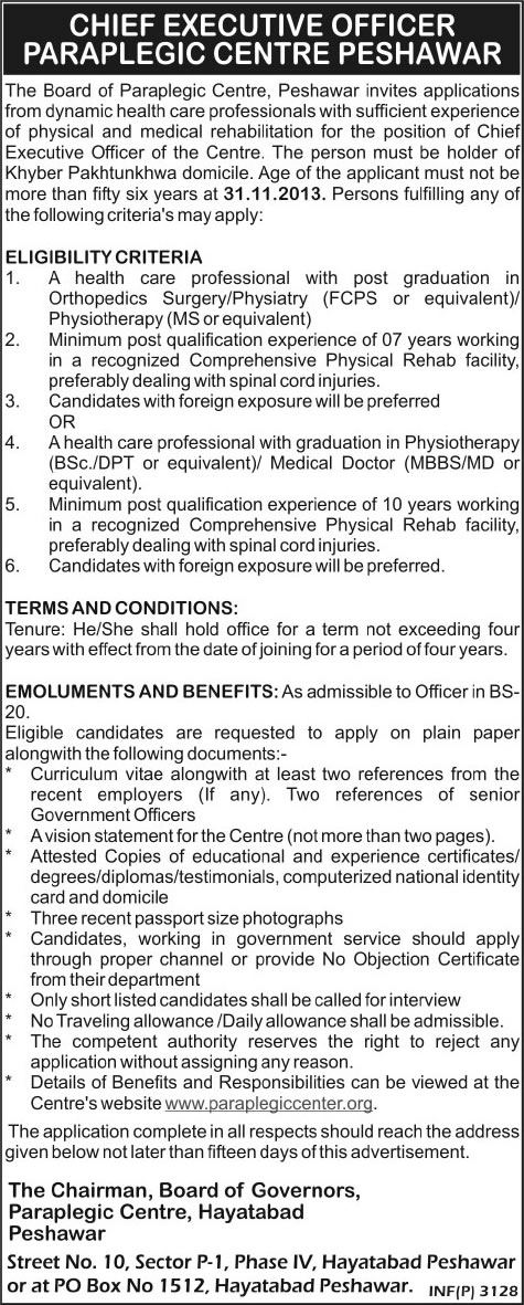 Paraplegic Centre Peshawar Jobs 2013 December for Chief Executive Officer