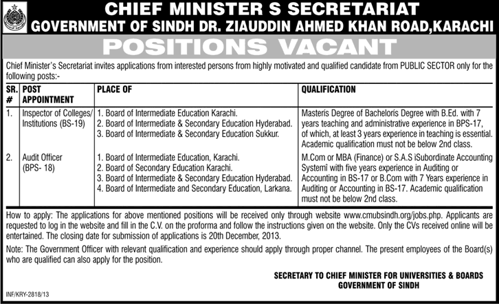 Chief Minister's Secretariat Sindh Government Jobs 2013 December for Audit Officer & Inspector of Colleges / Institutions