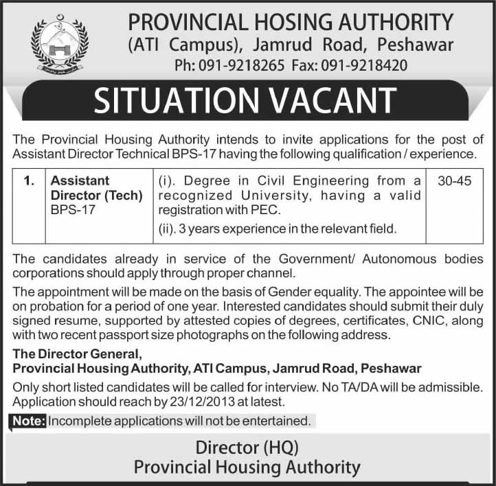 Civil Engineering Jobs in Peshawar 2013 December Provincial Housing Authority (PHA)