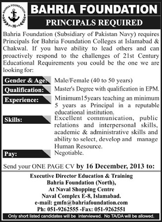 Principals Jobs in Bahria Foundation Colleges Islamabad / Chakwal 2013 December