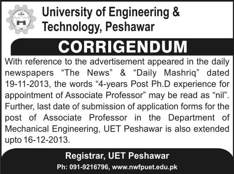 Corrigendum University of Engineering & Technology Peshawar Jobs 2013 for Associate Professor Medchanical Engineering