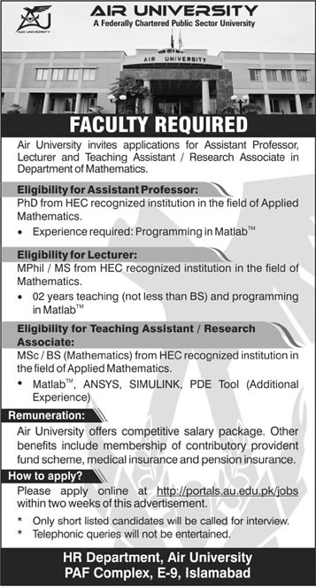 Air University Islamabad Jobs 2013 December for Teaching Faculty
