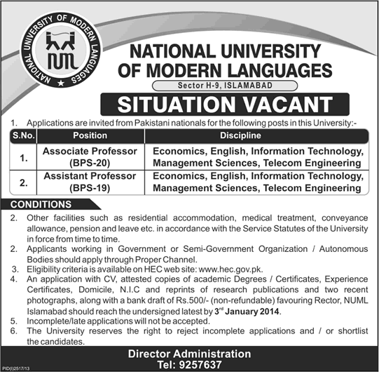 Faculty Jobs in Islamabad 2013 December at NUML University