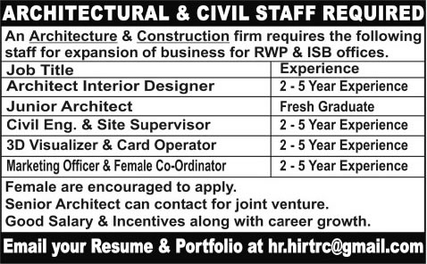 Architects, Civil Engineer, Marketing Officer & 3D Visualizer Jobs in Islamabad 2013 December at Architecture & Construction Firm