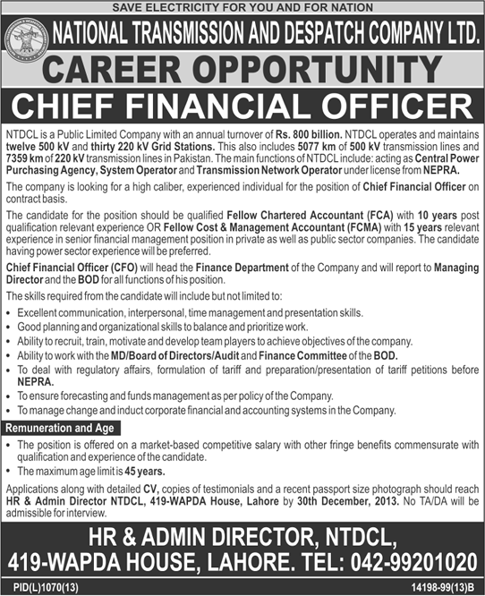 NTDC Pakistan Jobs 2013 December in Lahore for Chief Financial Officer