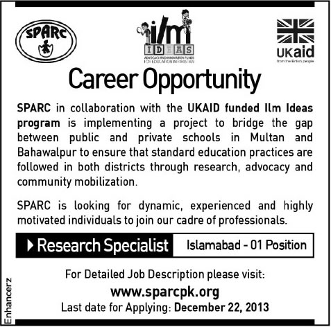 Research Specialist Jobs in Islamabad 2013 December at SPARC